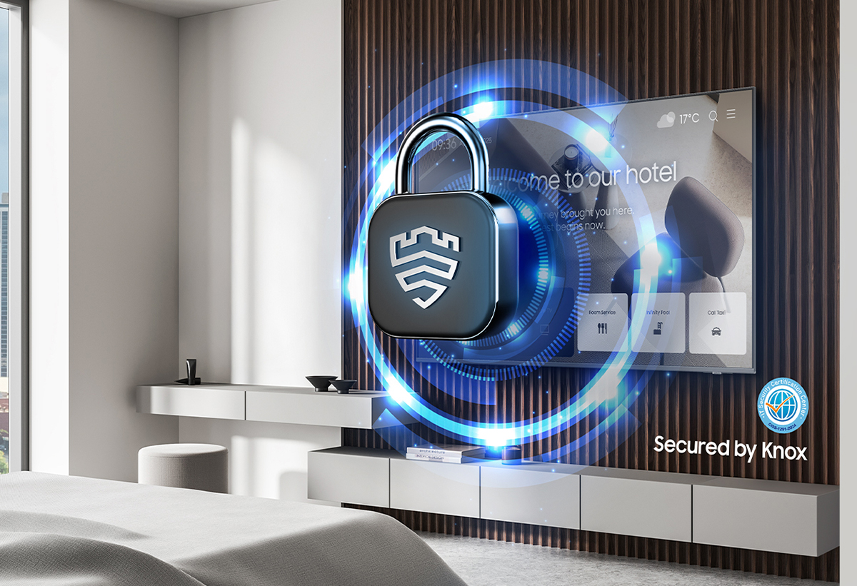 Απεικονίζεταθ η τηλεόραση στον τοίχο με το σύμβολο της Samsung Knox Security.